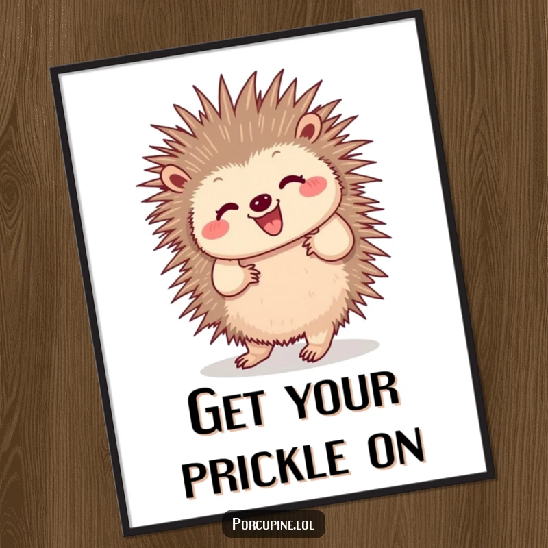 Funny Free Printable Wall Art: Porcupine doing a happy little dance with wiggling quills, bringing energetic fun to decor.