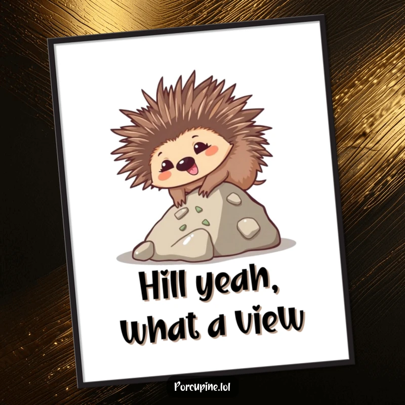 Funny Free Printable Wall Art: A kawaii porcupine with a goofy smile, hilariously attempting to climb a small hill, adding playful spirit.