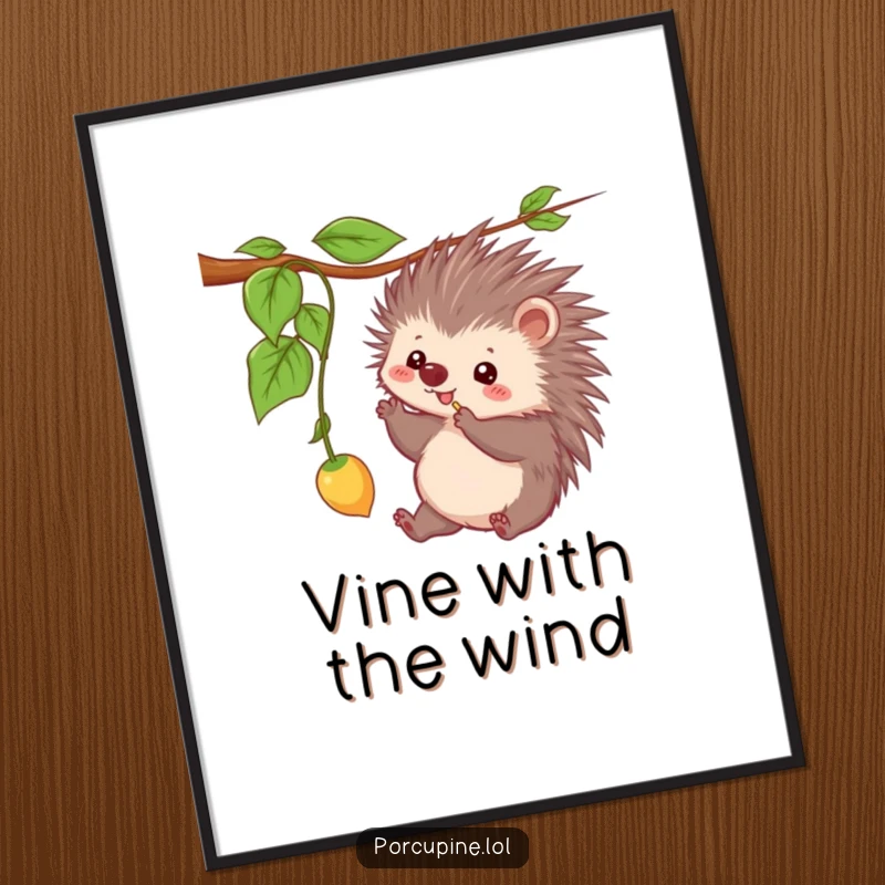 Funny Free Printable Wall Art: A kawaii porcupine comically batting at a dangling vine, bringing playful energy to any room.