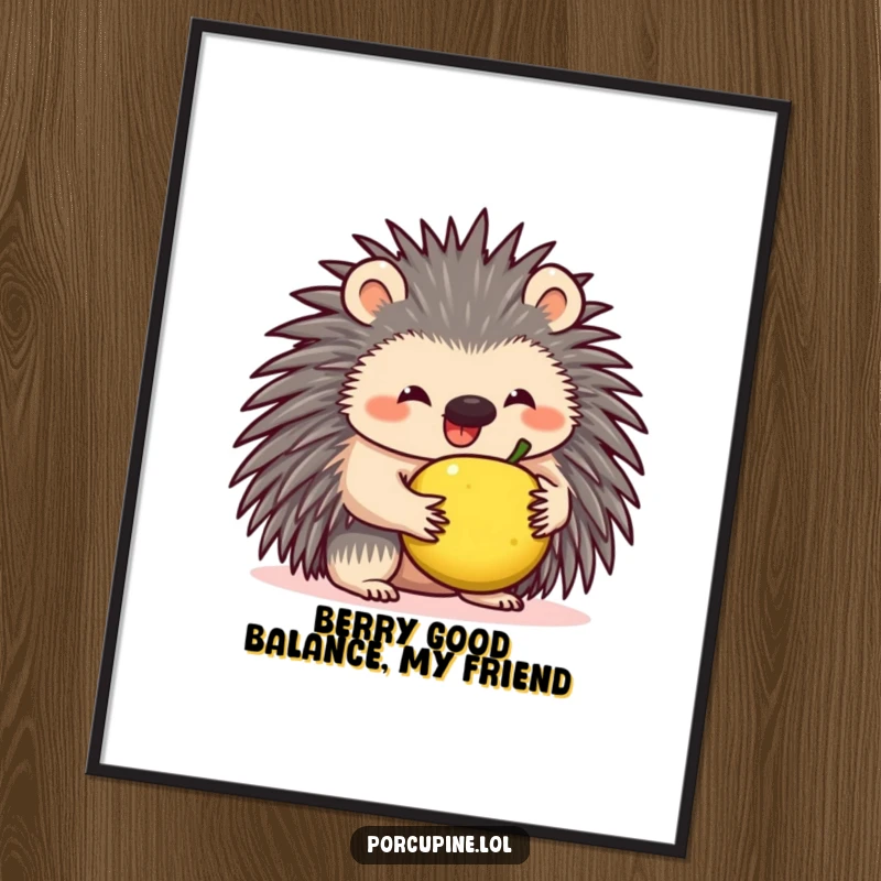 Funny Free Printable Wall Art: A smiling porcupine comically attempts to balance a small piece of fruit, radiating pure joy.