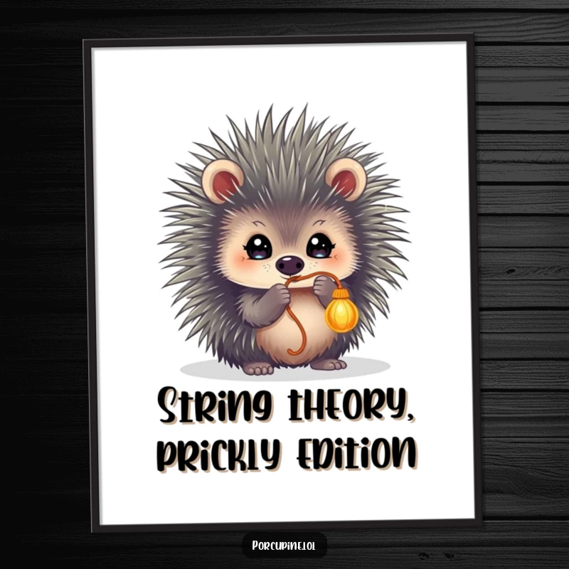 Funny Free Printable Wall Art: A porcupine with sparkling eyes excitedly plays with a dangling string, capturing a moment of pure joy.