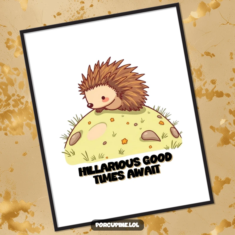 Funny free printable wall art showing a porcupine energetically rolling down a hill, embodying a spirit of playful abandon and joy.