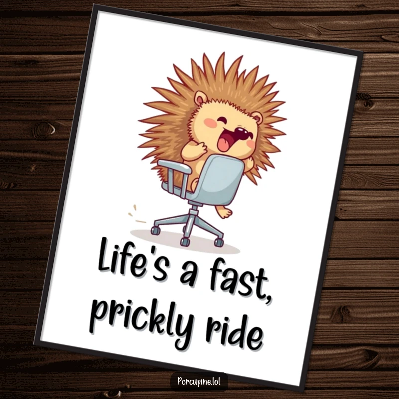 Funny Free Printable Porcupine Wall Art: A porcupine gripping an office chair races wildly, bringing a humorous, dynamic energy to your space.
