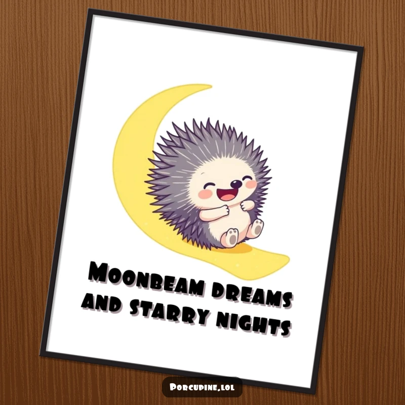 Funny Free Printable Wall Art: A porcupine gleefully sliding down a glowing moonbeam, evoking wonder and humor.