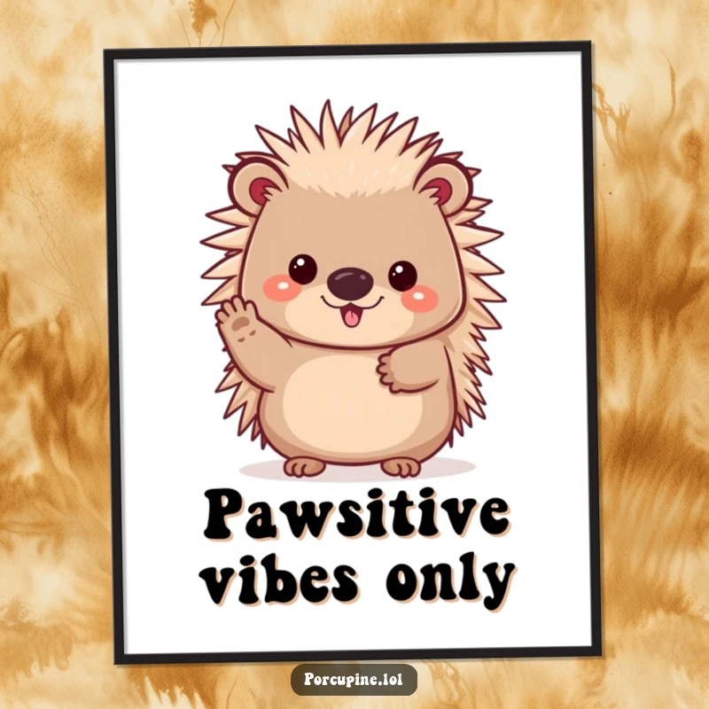 Funny Free Printable Wall Art: A kawaii porcupine enthusiastically waving its paw, bringing cheerful energy and humor to any room.