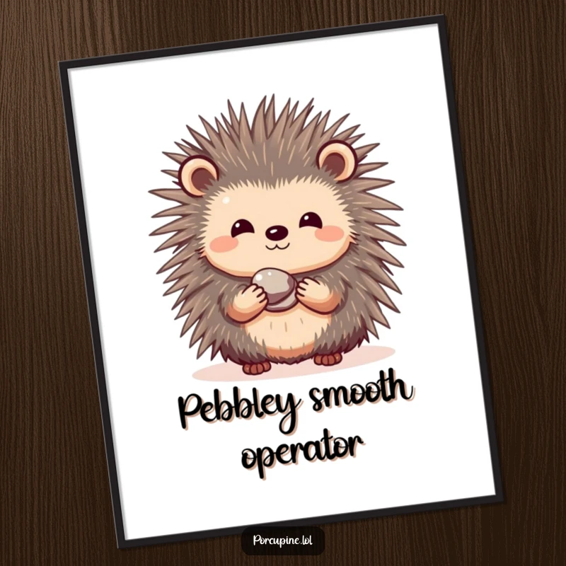 Funny free printable wall art of a shy porcupine offering a small, shiny pebble with an endearing smile.