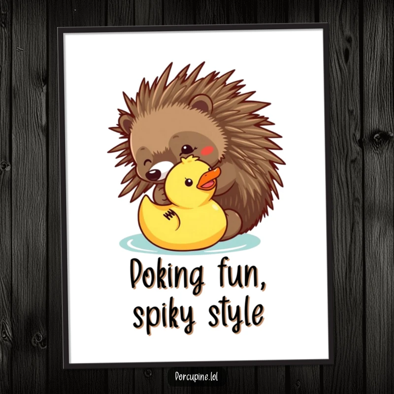 Funny Free Printable Wall Art: A porcupine playfully pokes a rubber ducky, capturing a moment of innocent and humorous interaction.