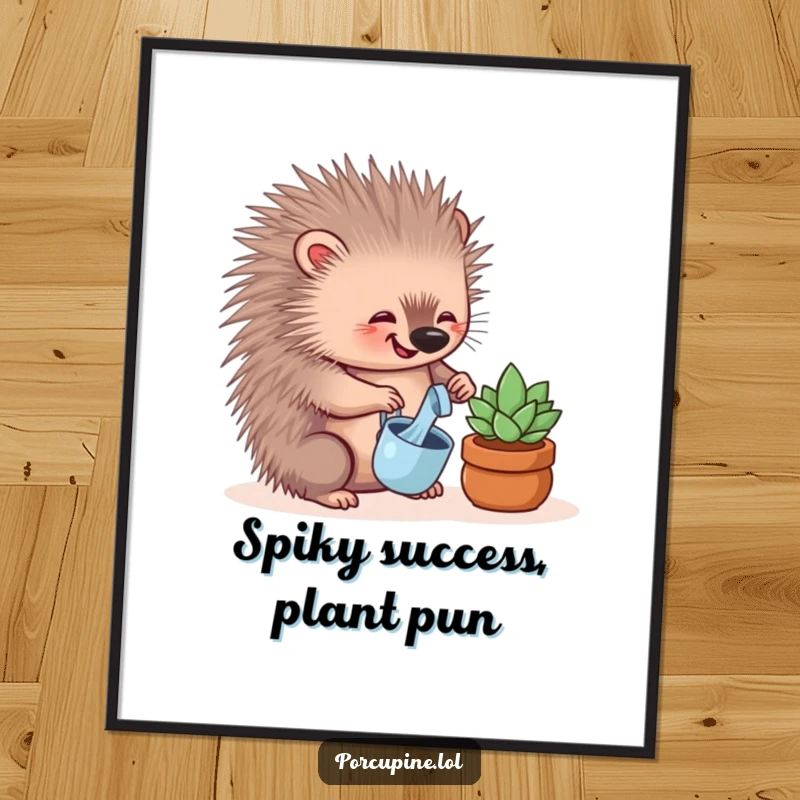 Funny free printable wall art: A cheerful porcupine enthusiastically waters a small, adorable succulent plant, adding humor to any room.