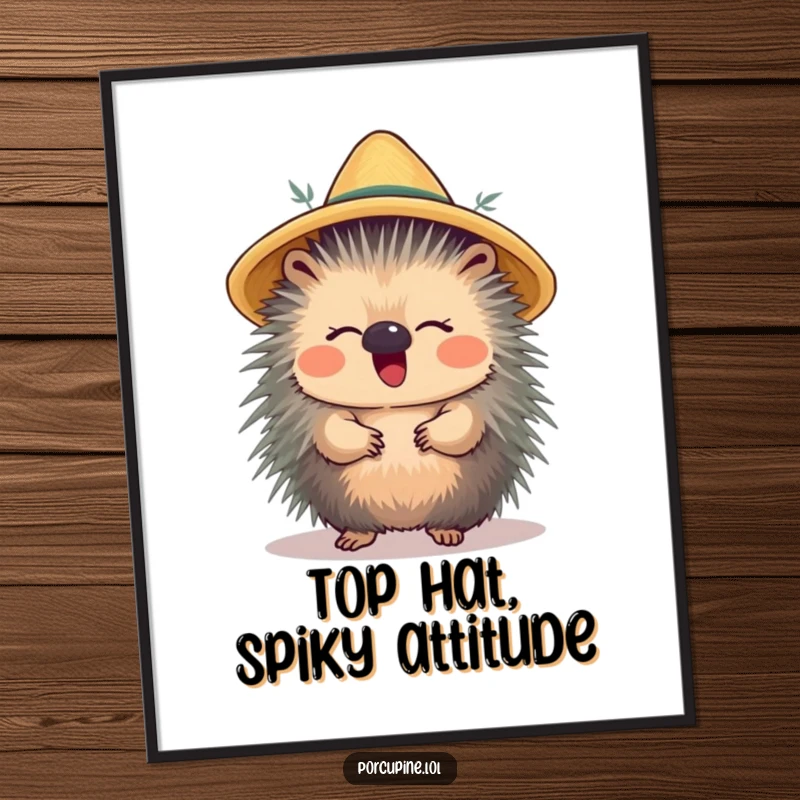 Funny Free Printable Wall Art: A porcupine with a straw hat on its head is captured mid-giggle, spreading infectious mirth.