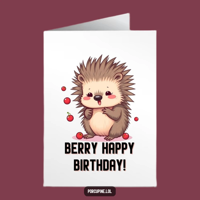 Free Printable Birthday Card: Kawaii Porcupine Juggling Berries, Hilarious Downloadable Fun