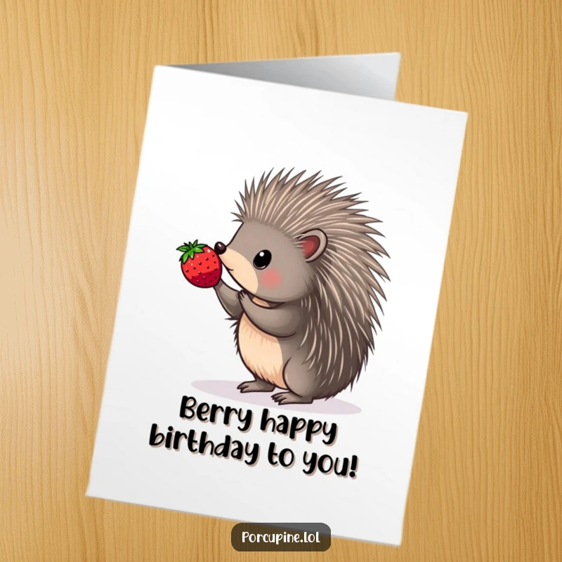 Funny free printable birthday card of a porcupine skillfully balancing a ripe berry on its sharpest quill.