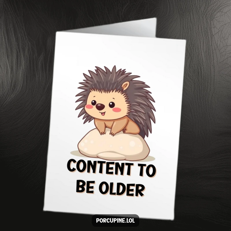 Funny Free Printable Birthday Card: A kawaii porcupine looking incredibly content while sitting peacefully on a smooth stone, radiating calmness.
