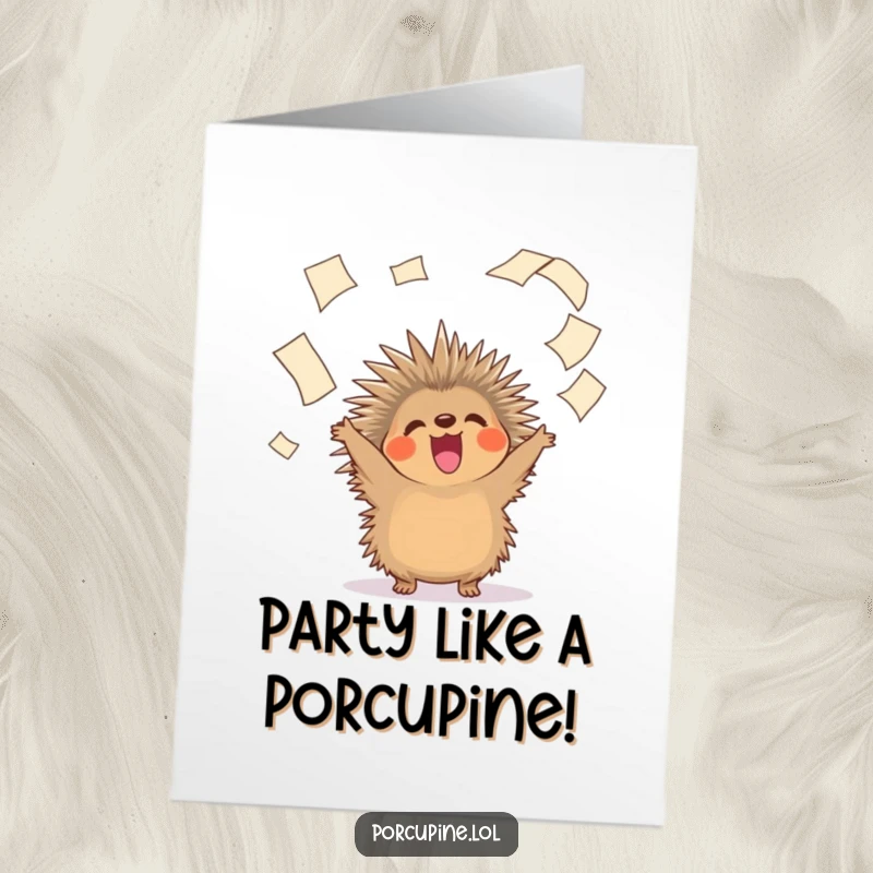 Funny Free Printable Birthday Card: Cheerful porcupine gleefully tossing papers sky-high, celebrating with wild abandon.