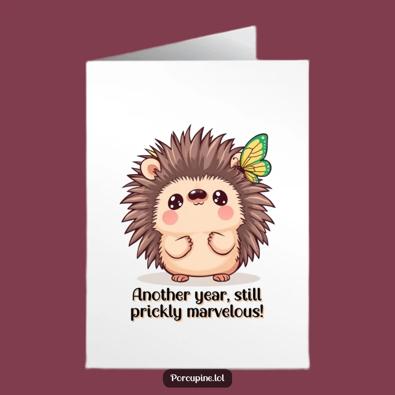 Free Printable Birthday Card: Kawaii Porcupine Butterfly Funny Gift
