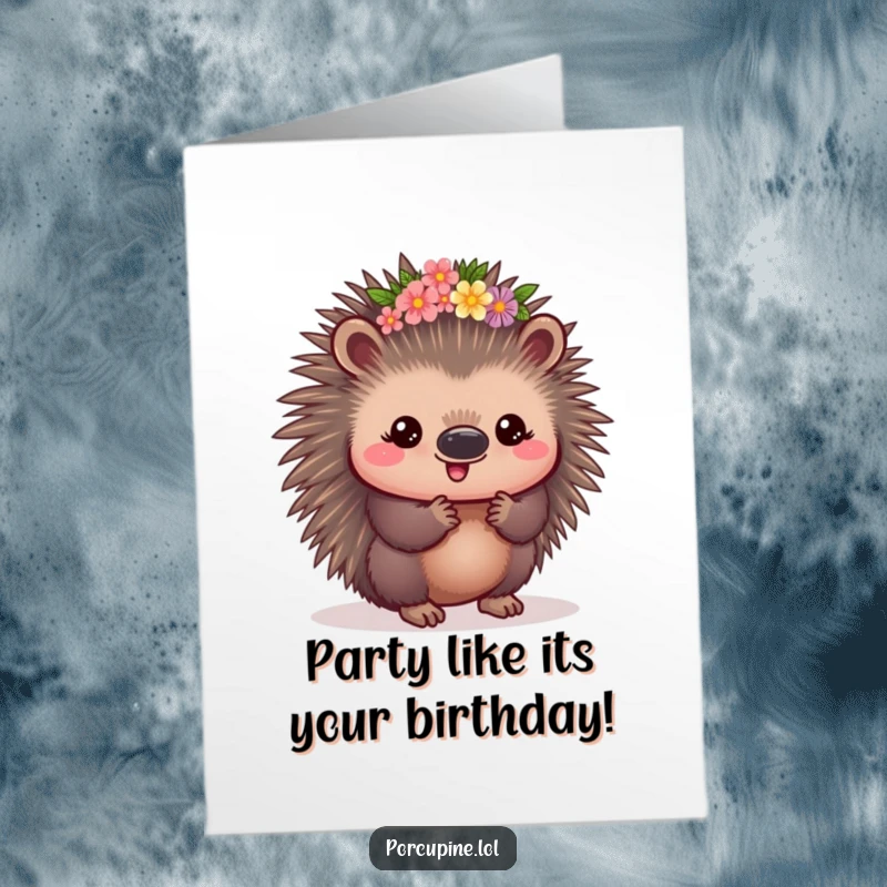 Funny Free Printable Birthday Card: Adorable kawaii porcupine wearing a delicate flower crown, smiling with sweet satisfaction and birthday cheer.