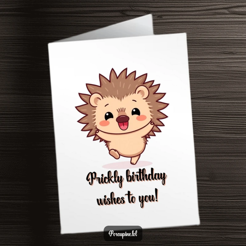 Funny Free Printable Birthday Card: Cute kawaii porcupine doing a happy hop with a huge smile, ready to celebrate.