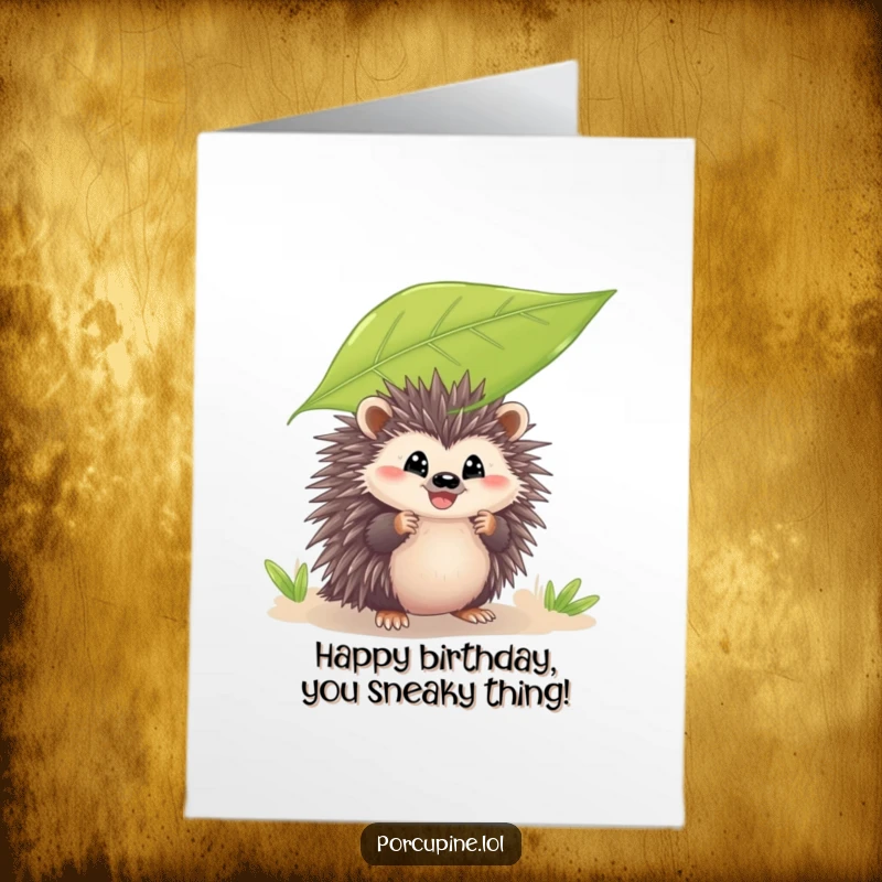 Funny Free Printable Birthday Card: Porcupine peeking from behind a large leaf with a mischievous grin, ready to surprise.