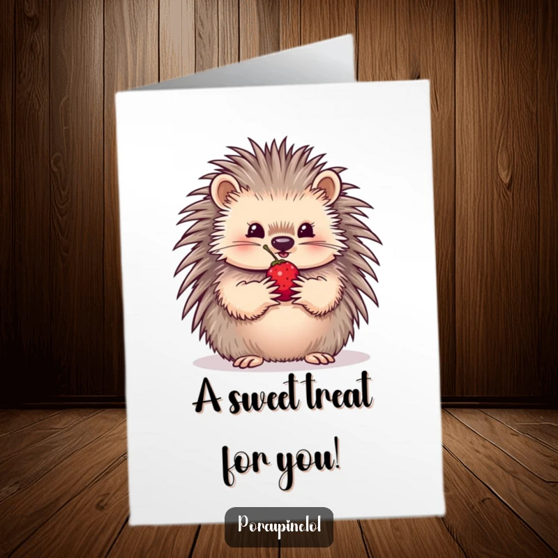 Funny Free Printable Birthday Card: A porcupine gently offers a single, perfect berry held delicately in its paws, a sweet birthday surprise.