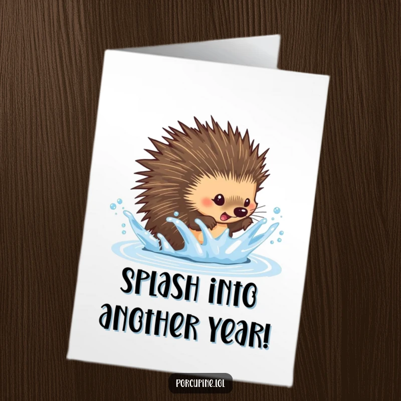 Funny Free Printable Birthday Card: A porcupine playfully dodges an incoming splash of water with a surprised expression.