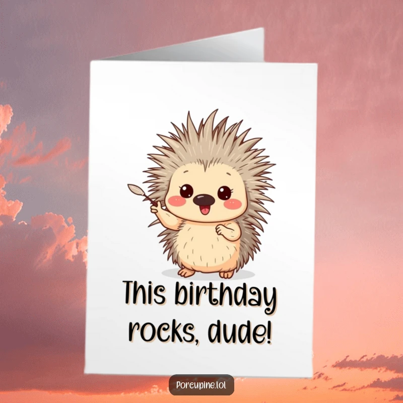 Funny free printable birthday card: an enthusiastic porcupine gestures with a single, gentle quill, sending happy vibes.