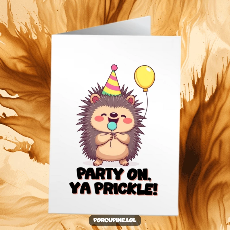Funny Free Printable Porcupine Birthday Card: A porcupine sporting a party hat joyfully pops a tiny balloon with a delighted expression.