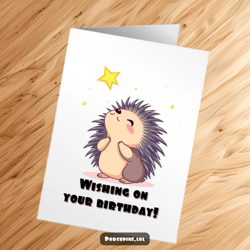 Funny free printable birthday card showing a porcupine gazing upwards with wonder at a bright, shining star.