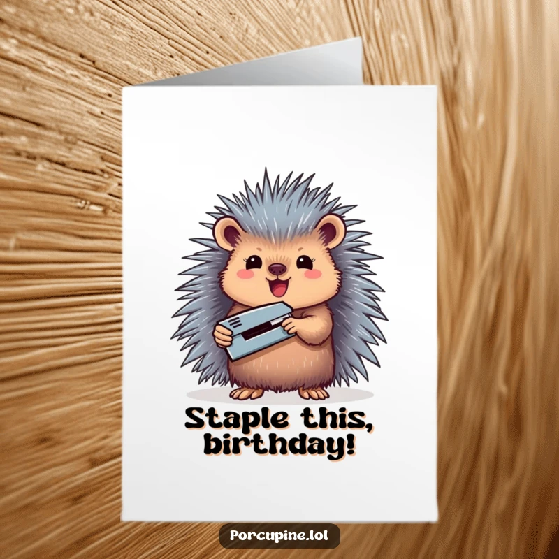 Funny free printable birthday card: A proud porcupine holds up a miniature stapler like a trophy, symbolizing accomplishment.
