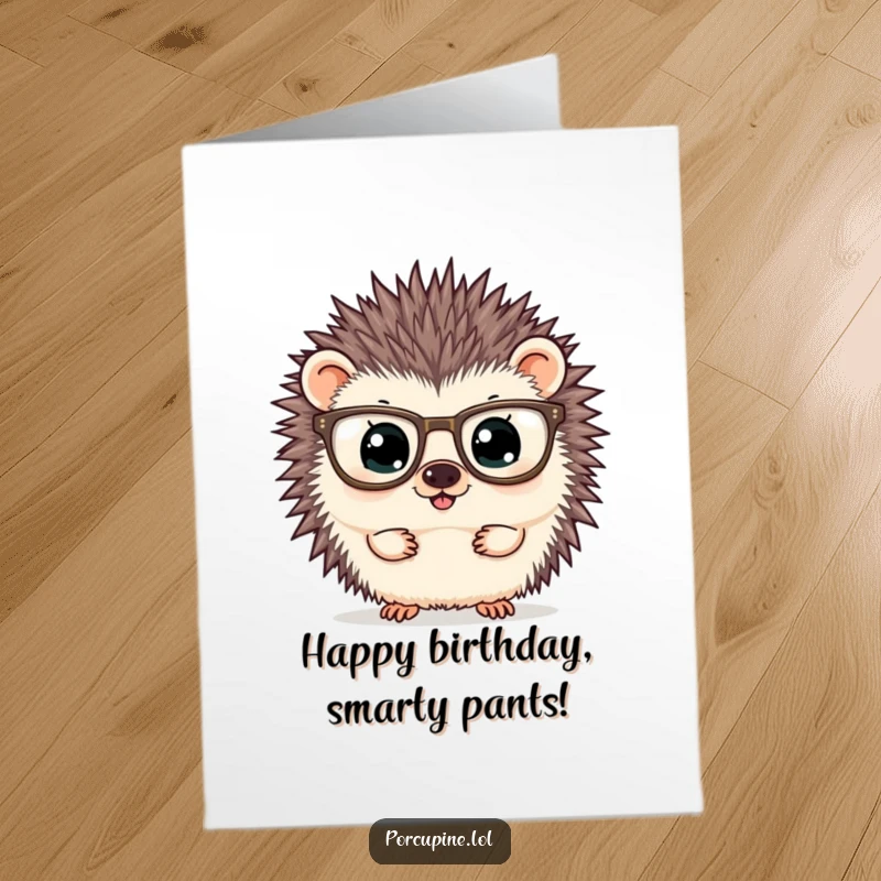 Funny Free Printable Birthday Card with a porcupine wearing large glasses, peering inquisitively.