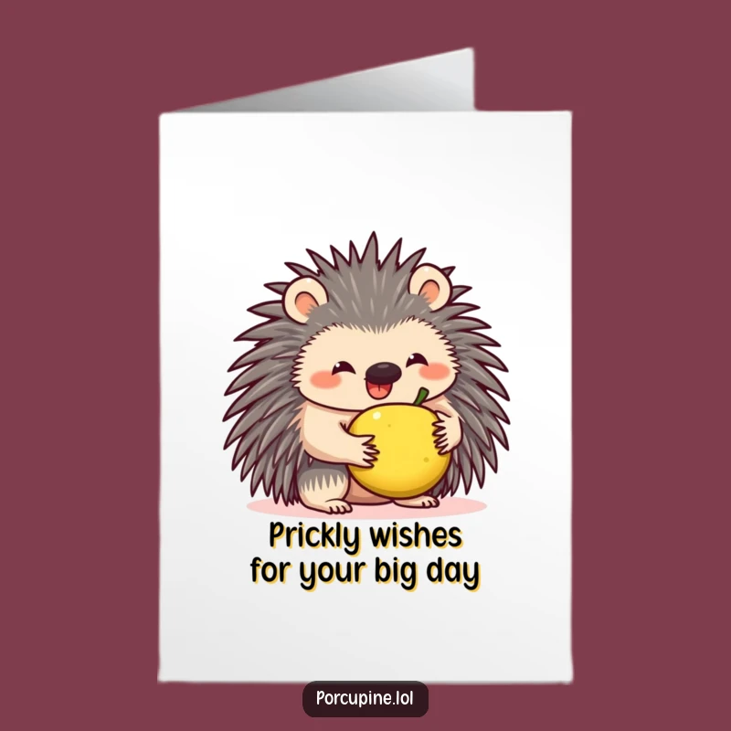 Funny Free Printable Birthday Card: Smiling Porcupine Balancing Fruit - Downloadable Gift!