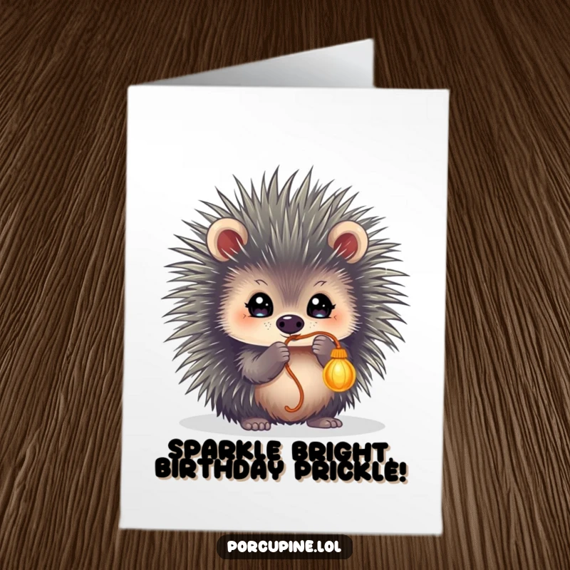 Funny Free Printable Birthday Card: A porcupine with wide, sparkling eyes excitedly bats at a dangling string, full of playful energy.