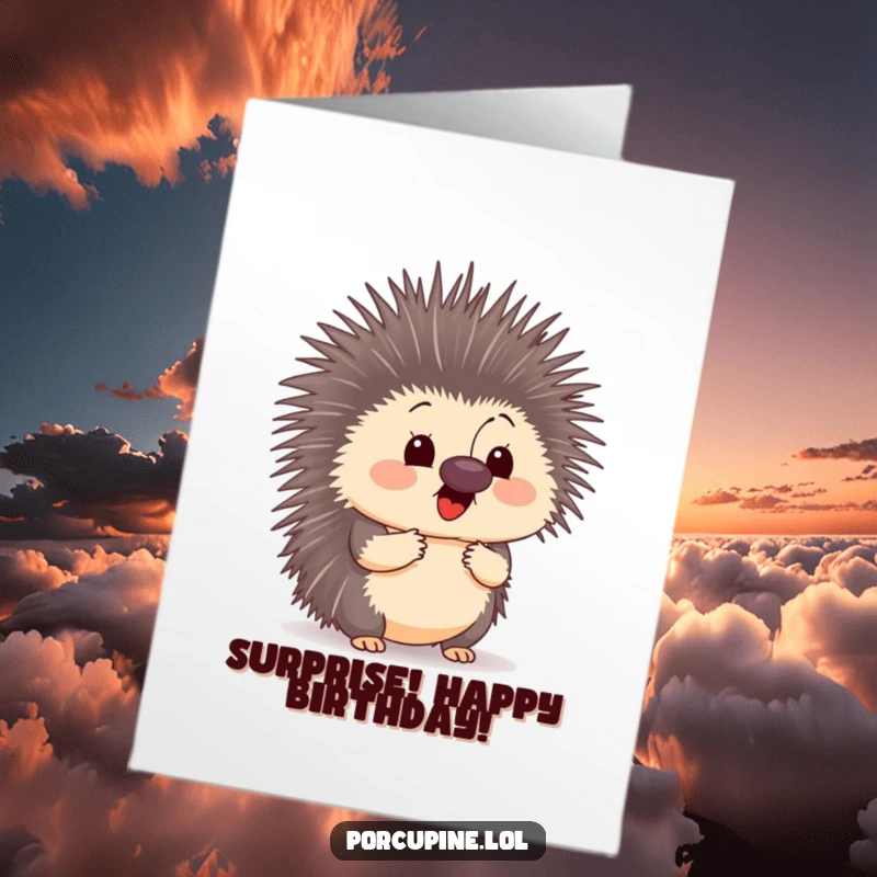 Funny free printable birthday card showing a porcupine's wide-eyed, surprised expression as a colorful butterfly lands gently on its nose.