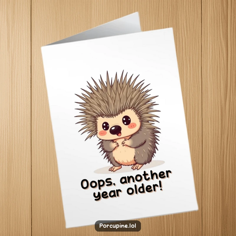 Funny Free Printable Birthday Card: A porcupine looks utterly surprised, comically tangled in its own sharp quills, creating laughter.