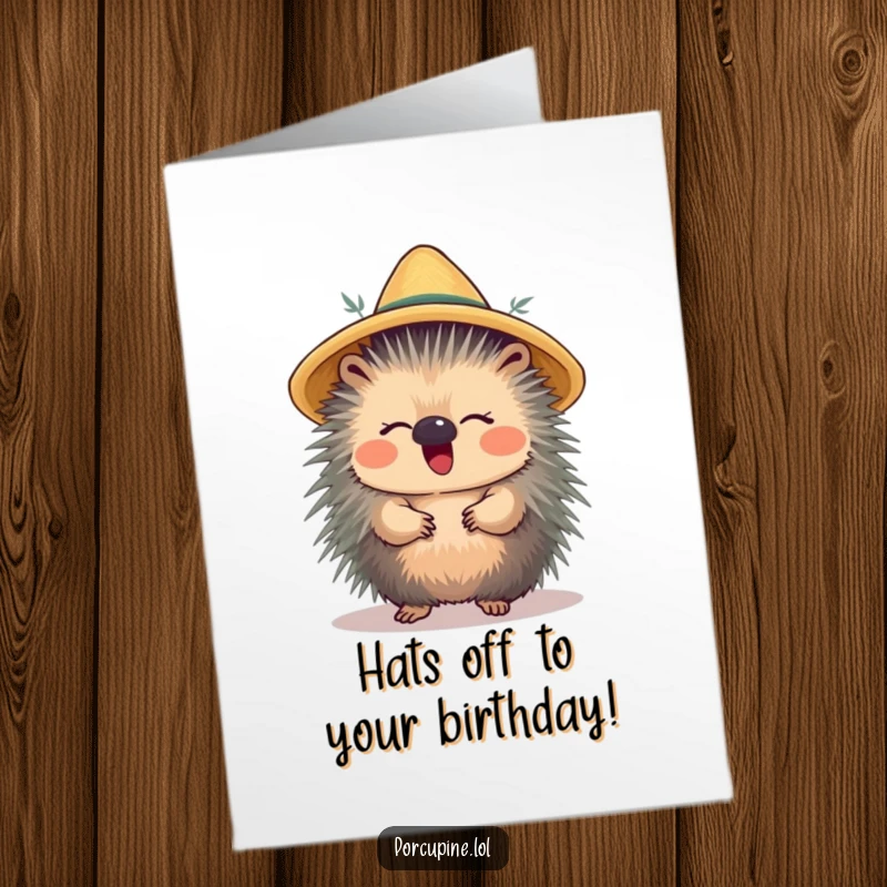 Funny Free Printable Birthday Card: A porcupine with a straw hat on its head giggles uncontrollably, radiating pure amusement.
