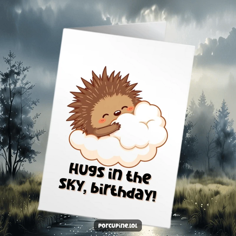 Funny free printable birthday card showing a porcupine comically trying to hug a large, fluffy cloud, with a determined yet awkward expression.