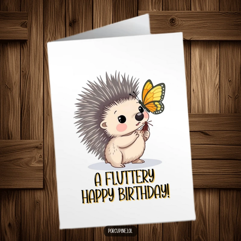 Funny free printable birthday card of a porcupine looking curiously at a butterfly landing gently on one of its quills.