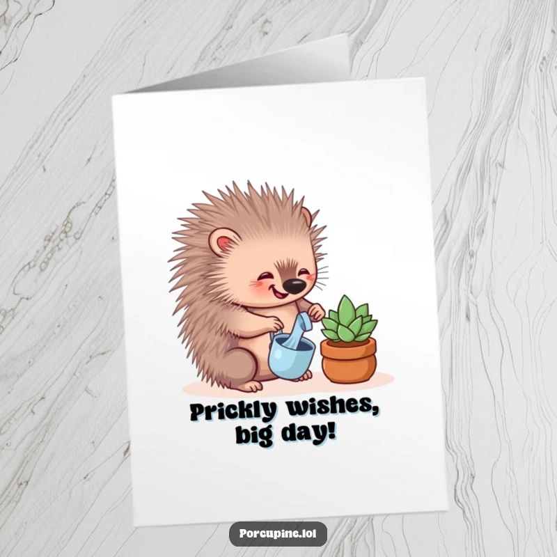 Funny free printable birthday card: A happy porcupine waters a small, thriving succulent plant, radiating joy and green thumb vibes.