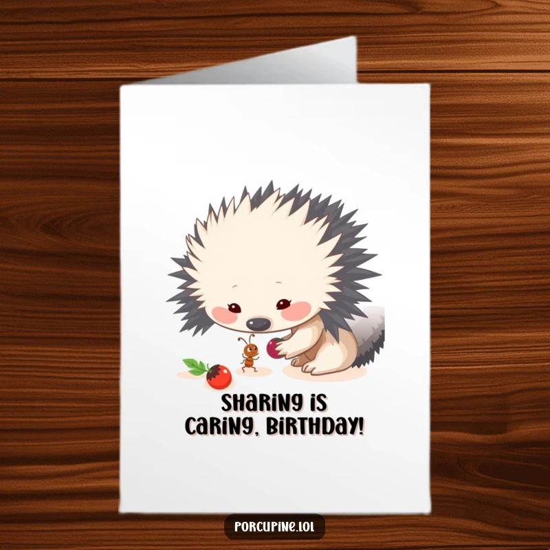 Funny free printable birthday card showing a porcupine gently offering a berry to a tiny ant, illustrating a moment of friendship.