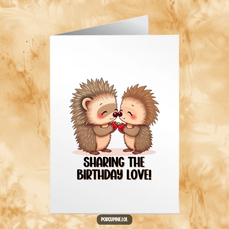 Funny free printable birthday card featuring two porcupines sharing a single berry, symbolizing friendship and shared joy.