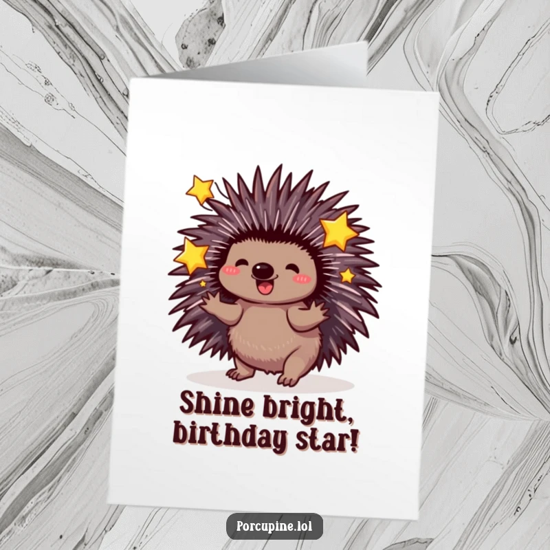 Magical Free Printable Birthday Card: A porcupine with quills out, playfully juggling three bright, sparkling stars.