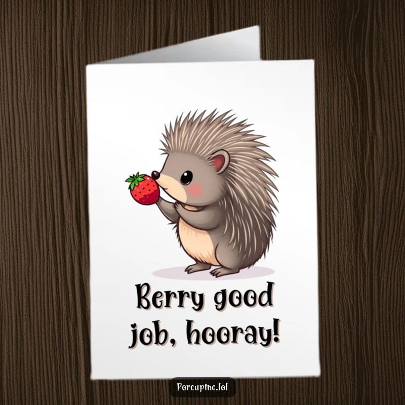 Funny free printable congratulations card showing a porcupine perfectly balancing a berry atop one of its quills.