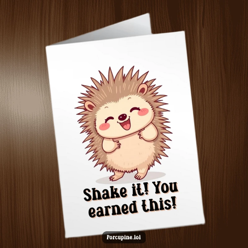 Funny Free Printable Congratulations Card: A porcupine doing a happy little dance, quills wiggling with excitement and cheer.