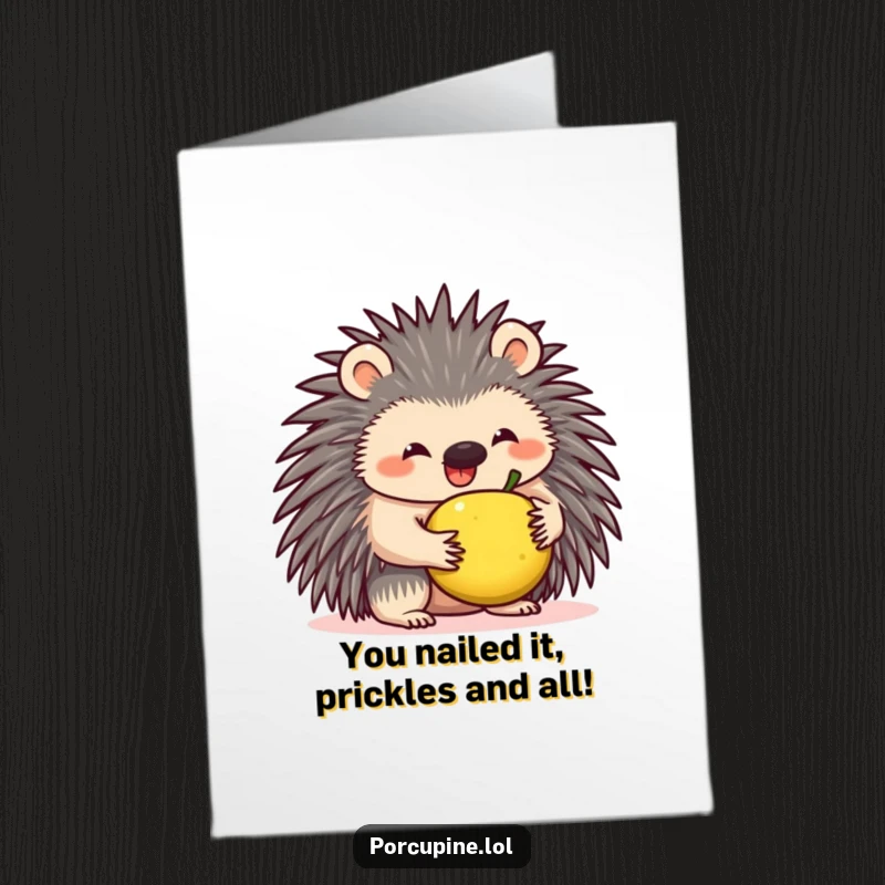 Funny Free Printable Congratulations Card: A cheerful porcupine proudly balances a small fruit, symbolizing a sweet success.