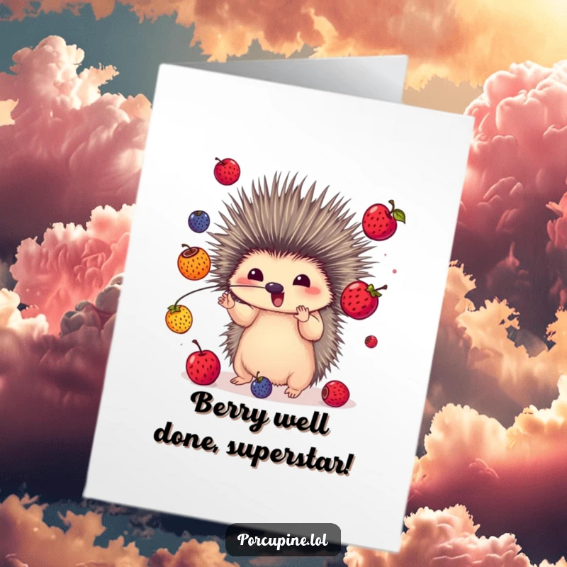 Funny Free Printable Congratulations Card with a porcupine skillfully juggling bright berries using its quills.