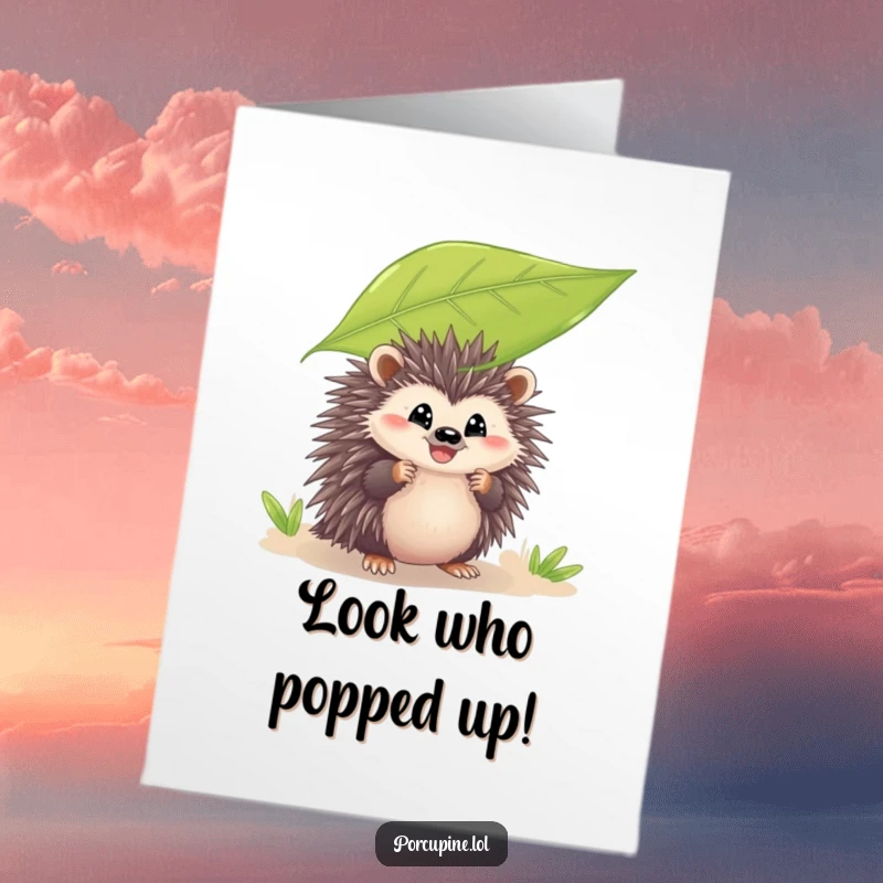 Funny Free Printable Congratulations Card: Porcupine peeking from behind a large leaf with a wide, cheerful grin.