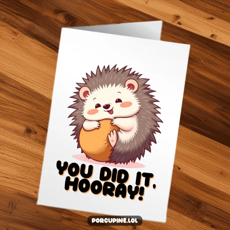 Funny Free Printable Congratulations Card with a porcupine joyfully curled into a ball, celebrating success.