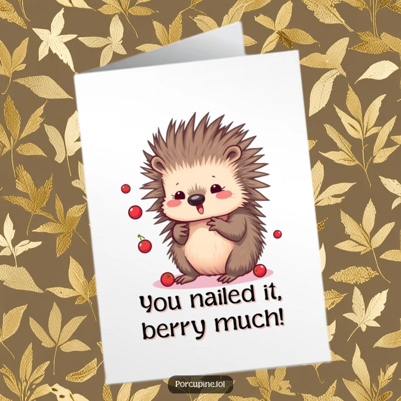 Free Printable Congratulations Card: A kawaii porcupine skillfully juggles small berries, symbolizing a fun and fruitful success, perfect for celebrations.