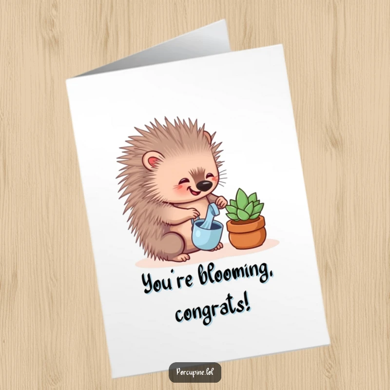 Funny free printable congratulations card: A cheerful porcupine happily waters a tiny succulent, symbolizing growth and achievement.