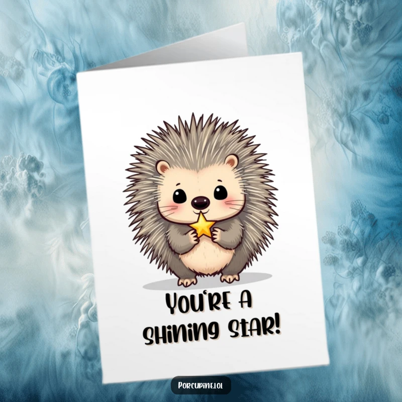 Funny free printable congratulations card: a porcupine balances a tiny, shimmering star on its nose, celebrating brilliance.