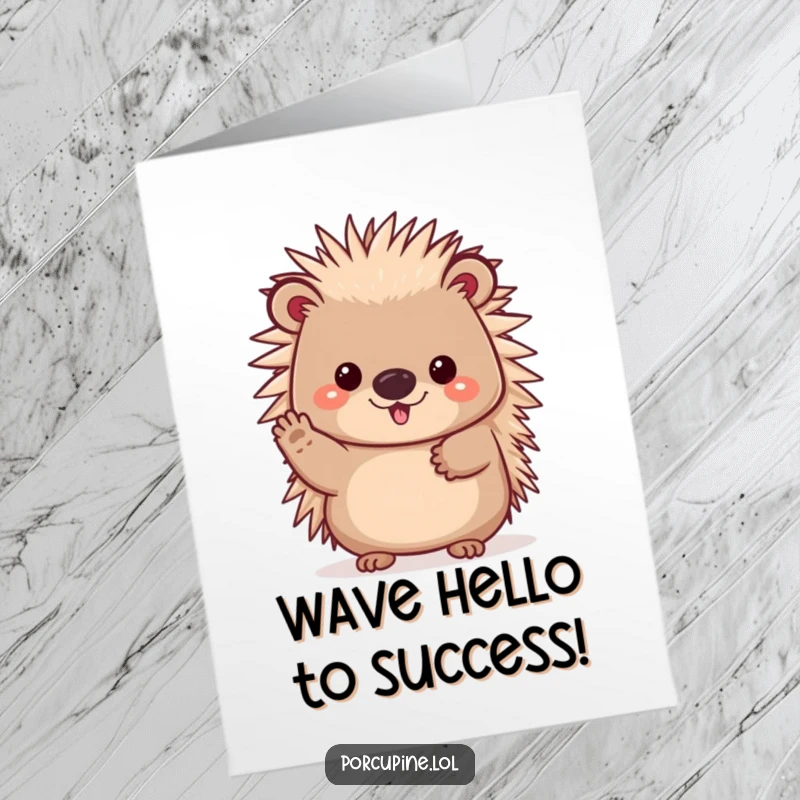 Funny Free Printable Congrats Card: A kawaii porcupine offering a cheerful wave, symbolizing happy congratulations and shared success.