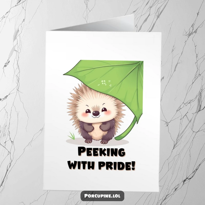 Funny Free Printable Congratulations Card: A porcupine with a shy grin peeks from behind a big leaf, celebrating their wonderful news.